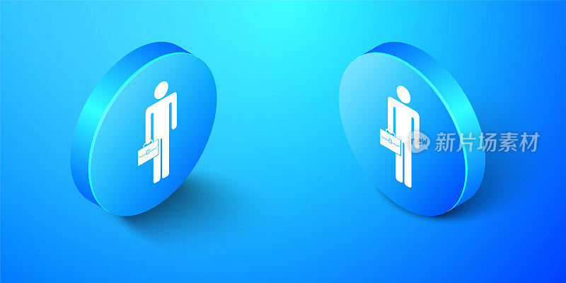 Isometric Businessman man with briefcase icon isolated on blue background. Blue circle button. Vector